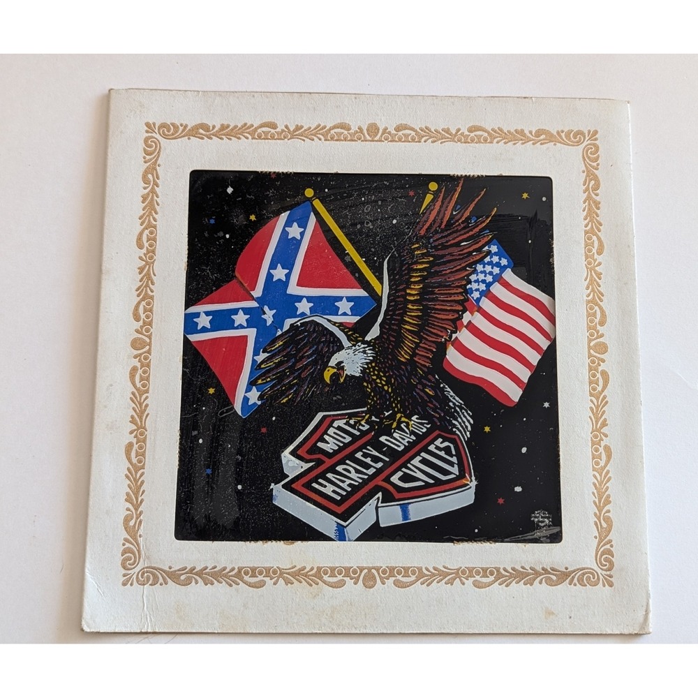 Vintage Harley-Davidson Eagle Flags Graphic Art Gold Foil Border 8x8 Biker Decor